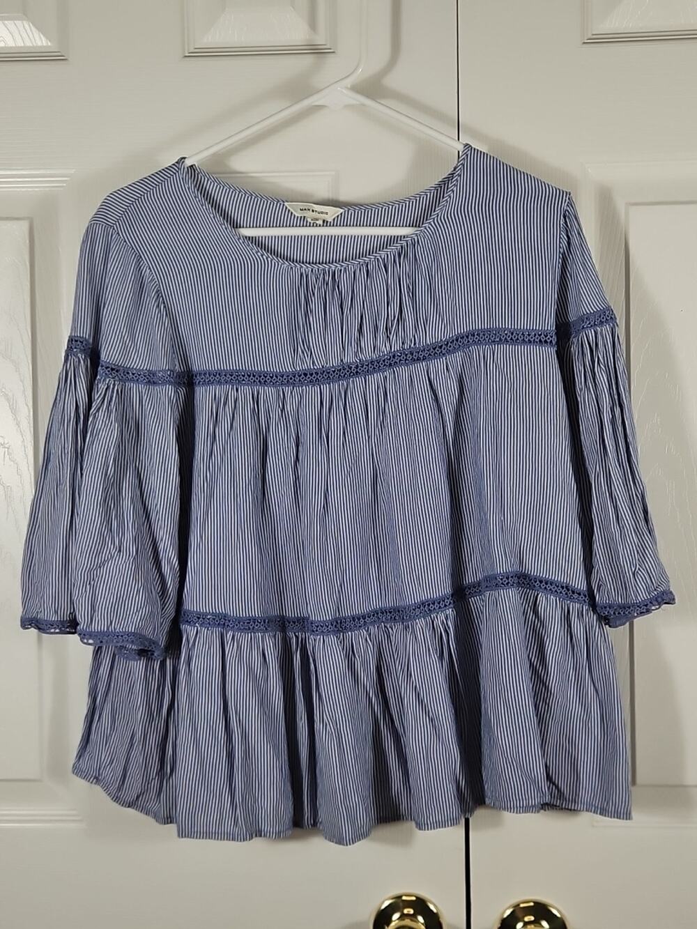 Coastal Lagenlook Blue Seersucker Tiered Top M Oversized Quiet Luxury Fisherman